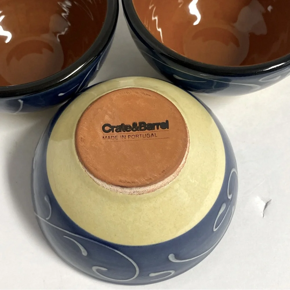 Crate & Barrel Blue Yellow Scroll Dip Bowls Set of 3 Portugal Hand Painted